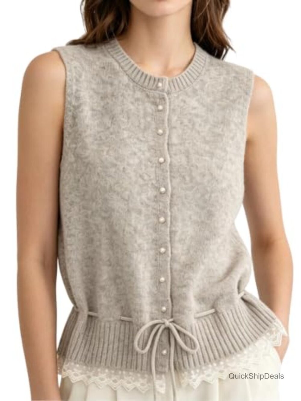 Lace Trim Tie Front Button Down Knit Sweater Vest